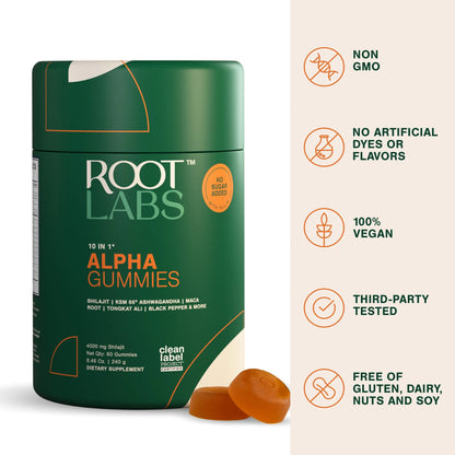 Root Labs 10-in-1 Alpha Shilajit Gummies | 4000 mg Pure Himalayan Shilajit, Tongkat Ali, Maca Root, 75% Fulvic Acid | ShilAbsorb Bioavailability Tech | Sugar-Free Vegan, 85+ Trace Minerals